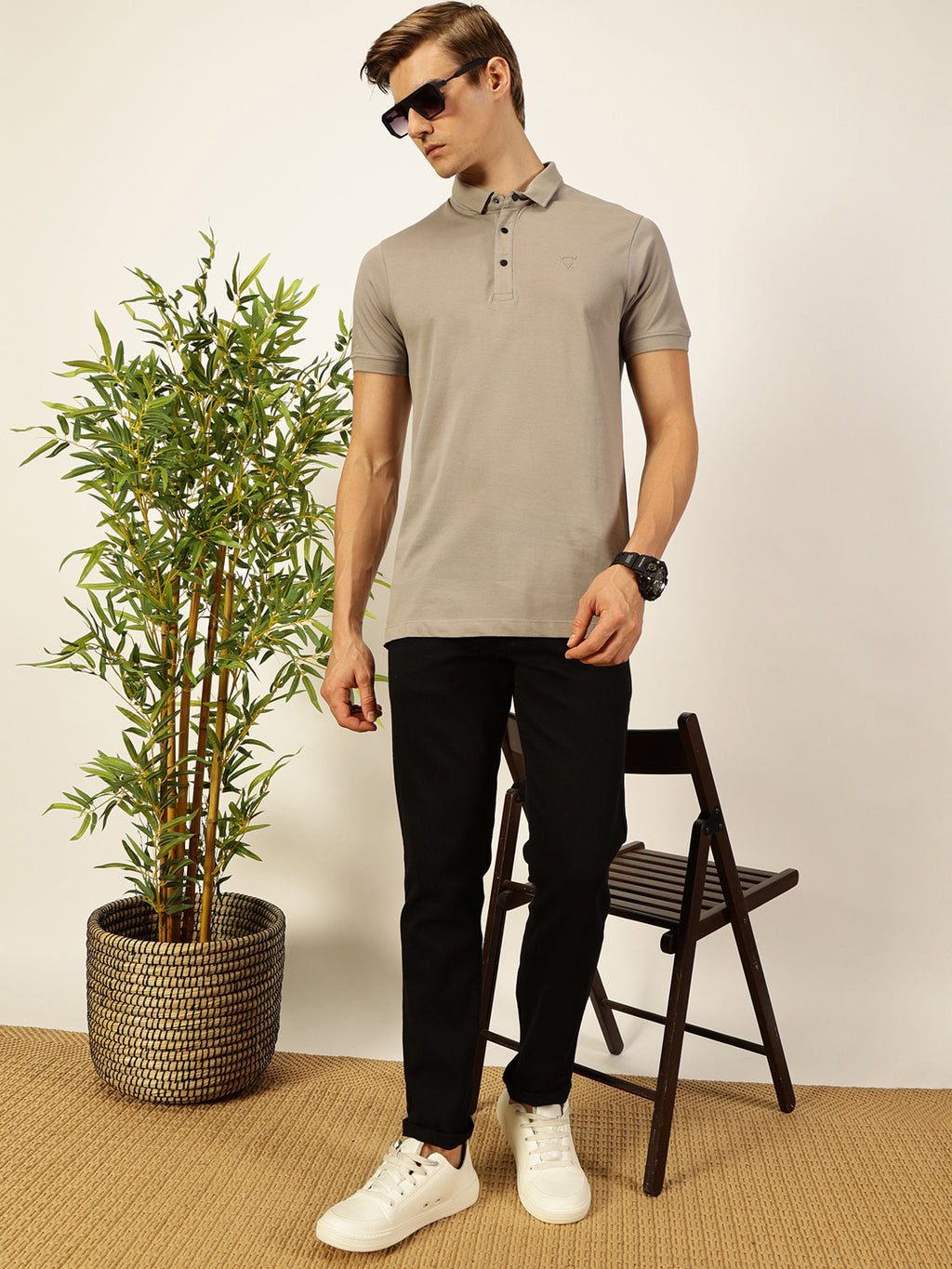 Thomas Scott Men Grey Solid Polo Collar Cotton T-shirt