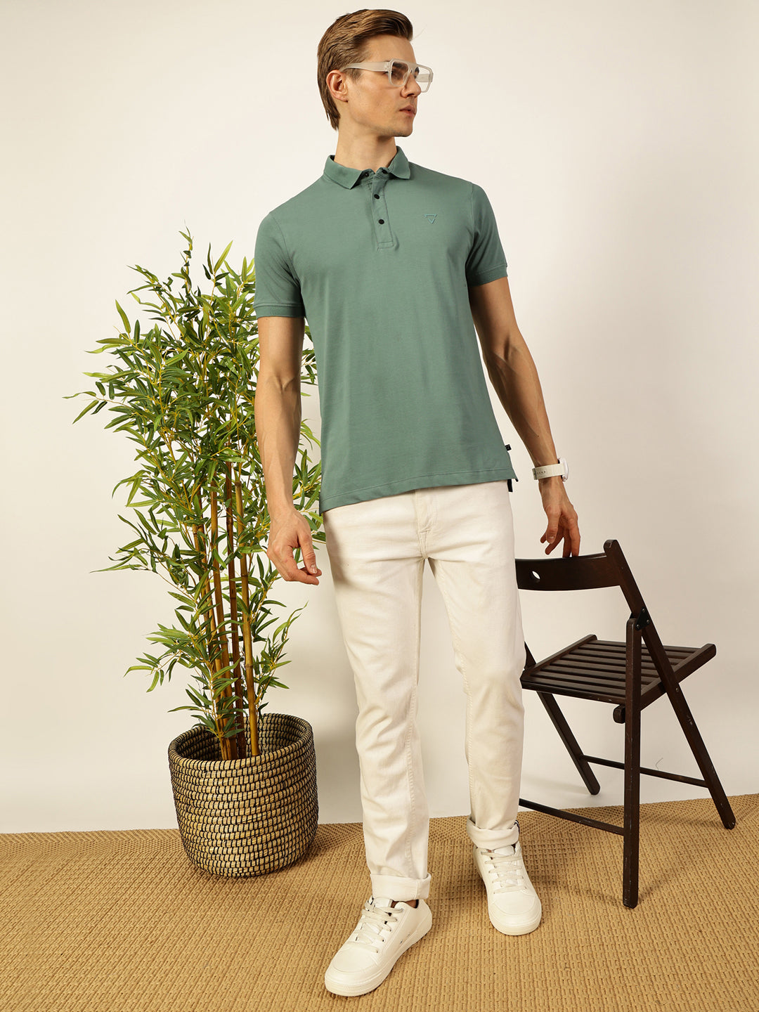 Thomas Scott Men Teal Solid Polo Collar Cotton T-shirt