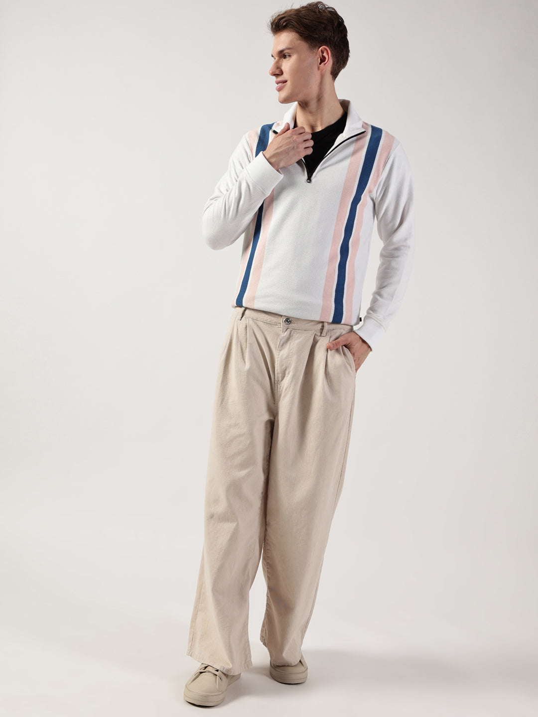 White Striped High Neck Tshirt For Men