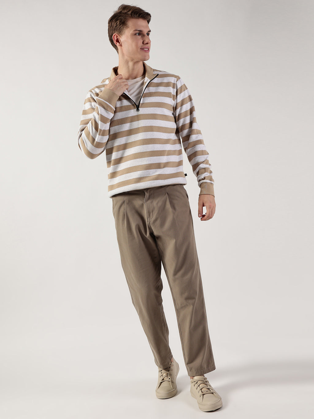 Beige Striped High Neck Tshirt For Men