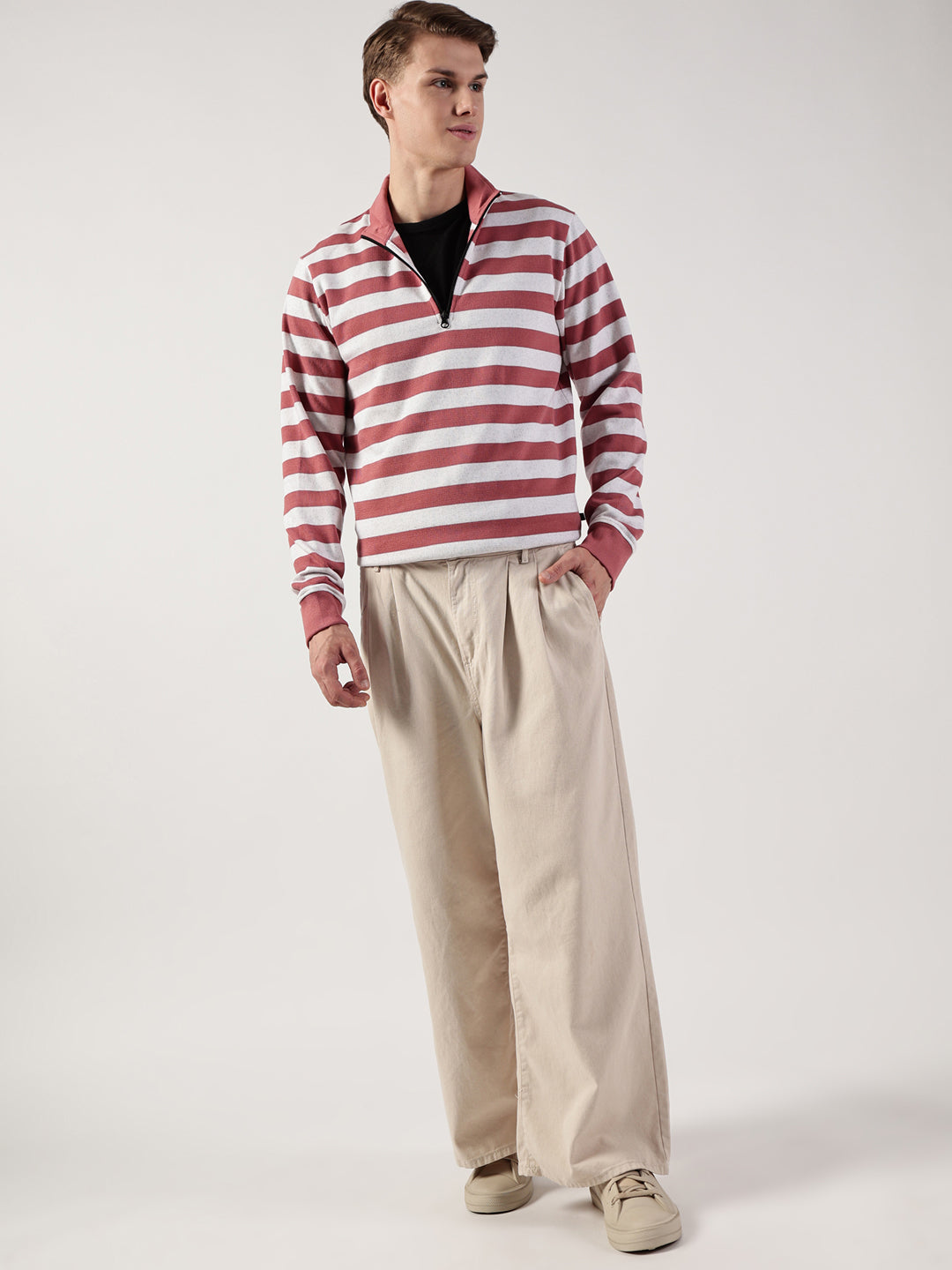 Pink Striped High Neck Tshirt For Men