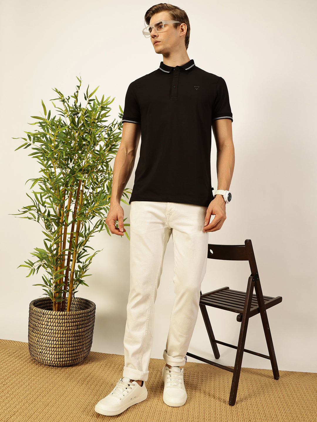 Thomas Scott Men Black Solid Polo Collar Cotton T-shirt