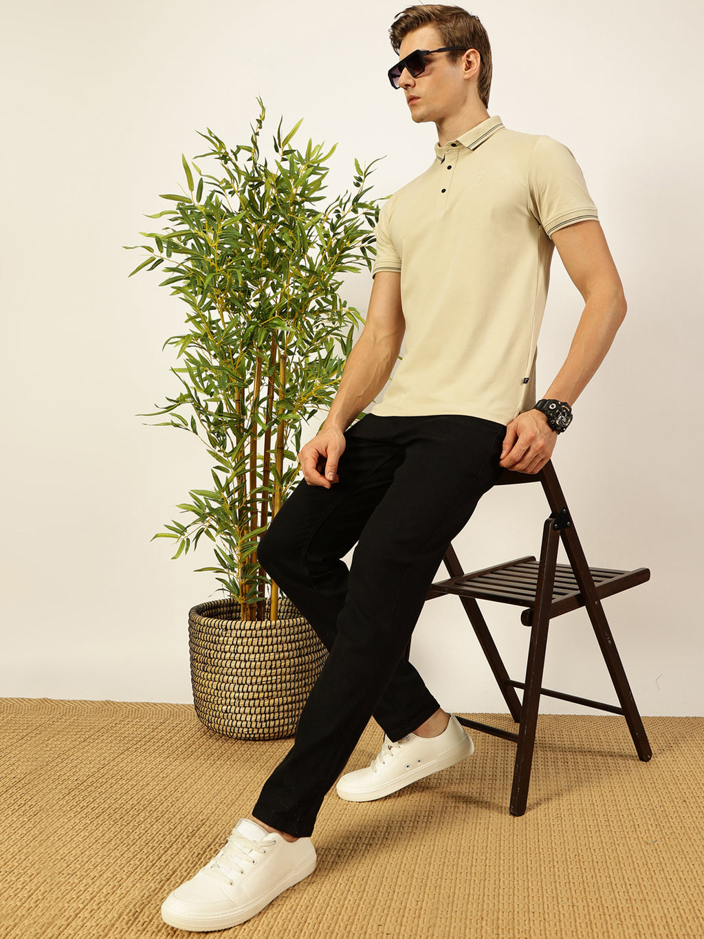 Thomas Scott Men Cream Solid Polo Collar Cotton T-shirt