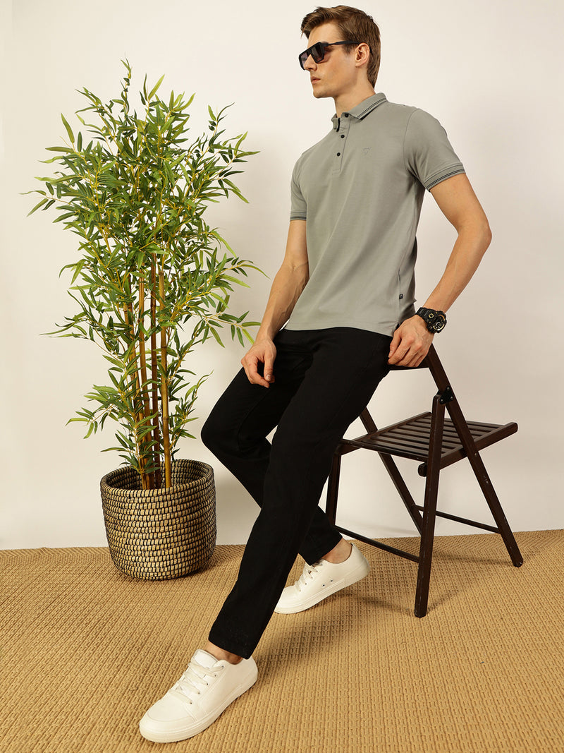 Thomas Scott Men Grey Solid Polo Collar Cotton T-shirt