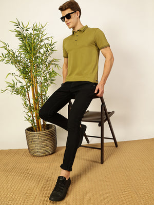 Thomas Scott Men Olive Solid Polo Collar Cotton T-shirt
