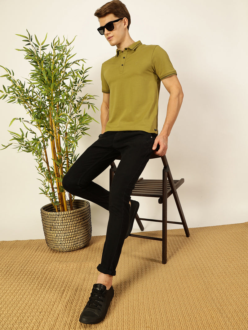 Thomas Scott Men Olive Solid Polo Collar Cotton T-shirt