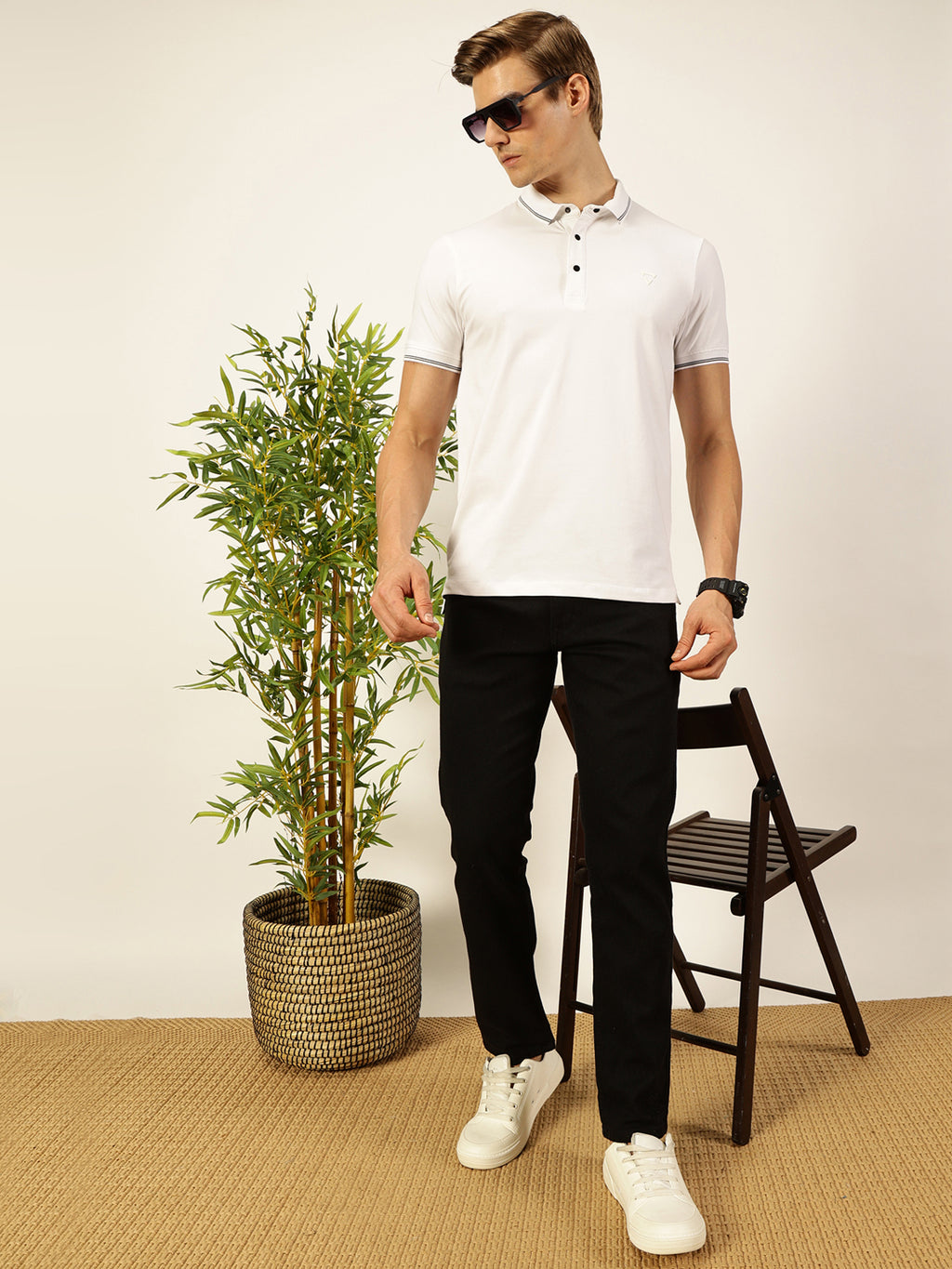 Thomas Scott Men White Solid Polo Collar Cotton T-shirt