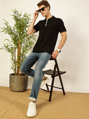 Thomas Scott Men Black Regular Fit Short Sleeves Solid Polo Collar Knit Tshirt