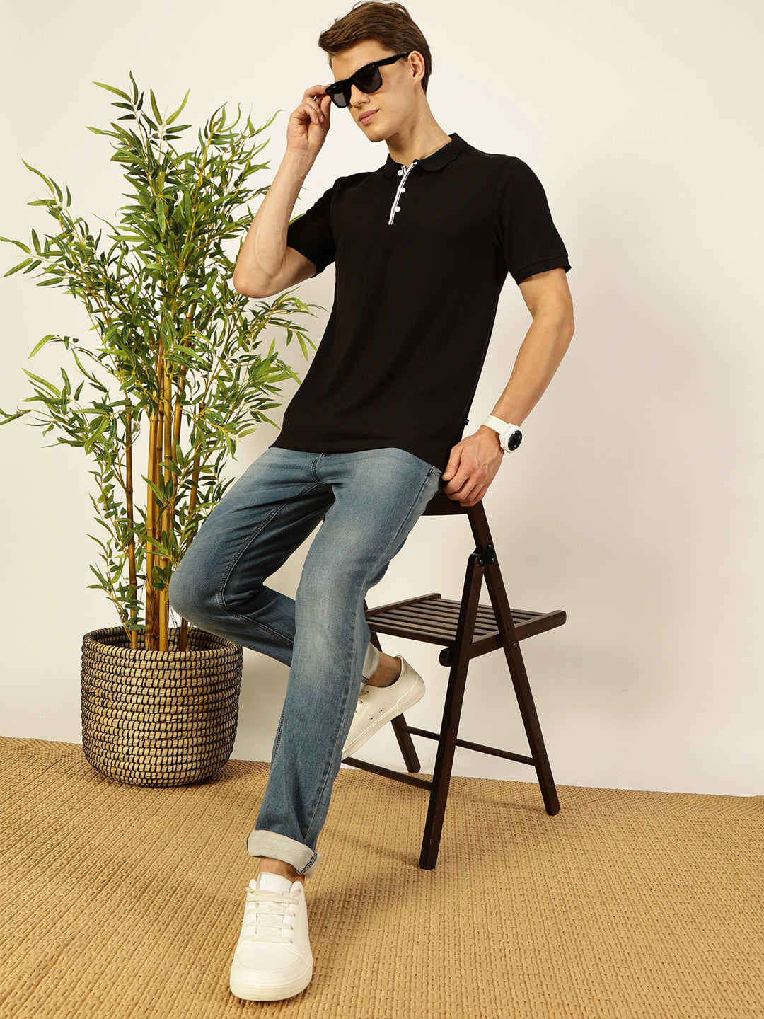 Thomas Scott Men Black Regular Fit Short Sleeves Solid Polo Collar Knit Tshirt