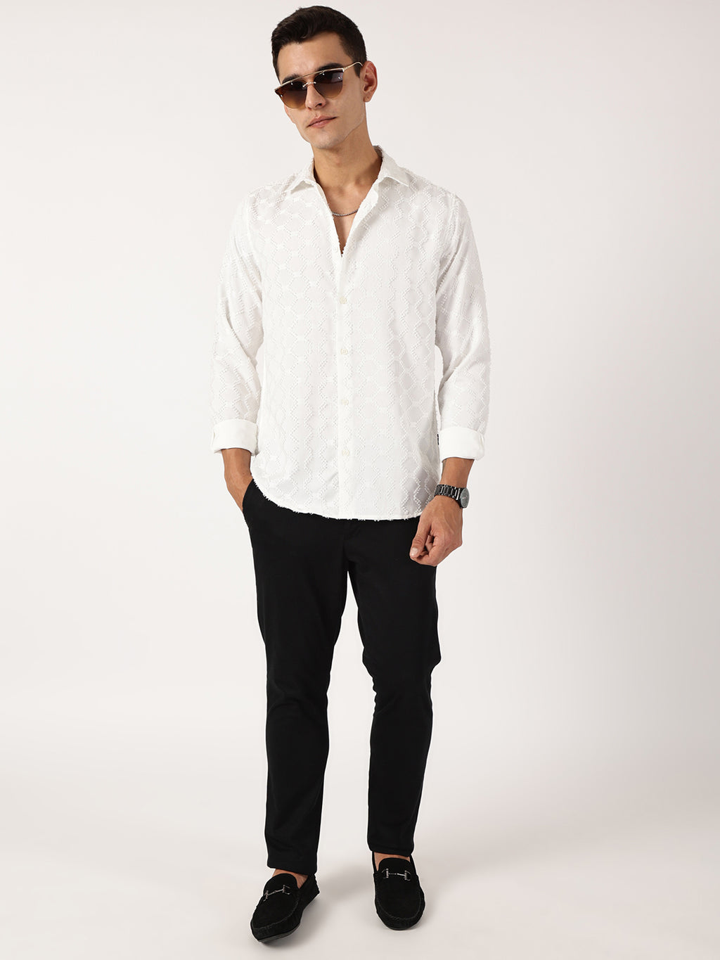 Thomas Scott Men White Premium Textured Casual Shirt