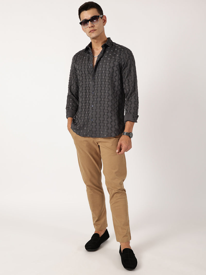 Thomas Scott Men Grey Premium Textured Casual Shirt