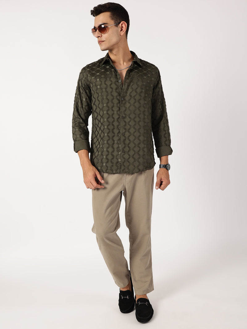 Thomas Scott Men Olive Premium Textured Casual Shirt