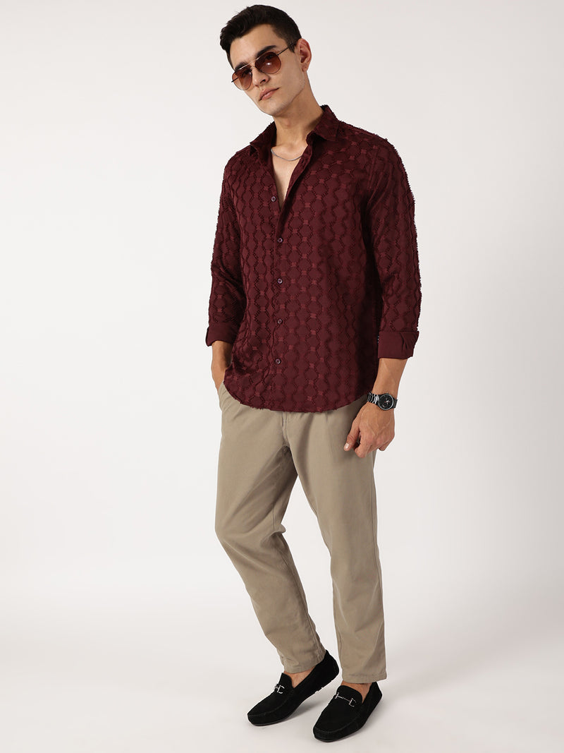 Thomas Scott Men Wine Premium Textured Casual Shirt