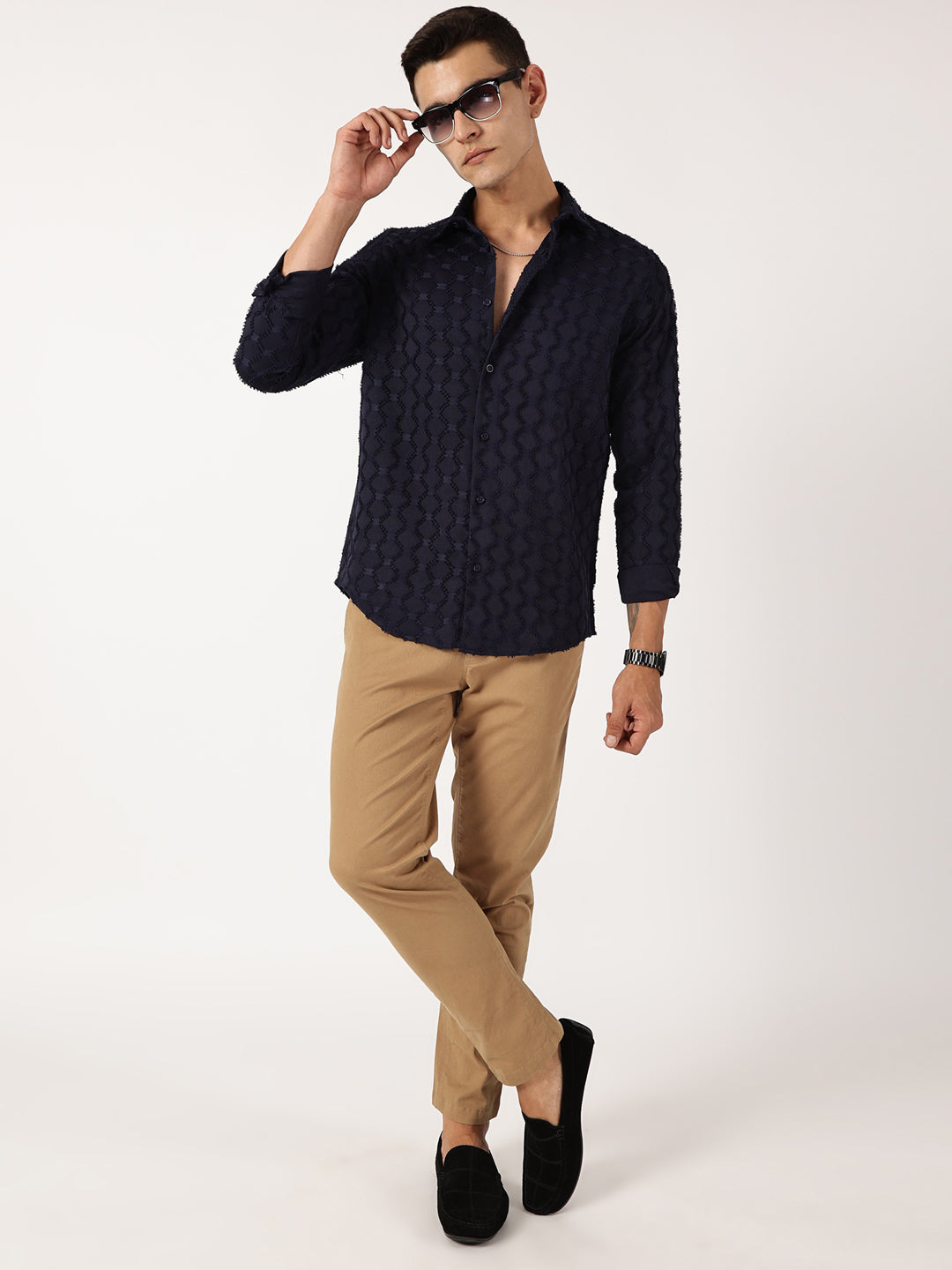 Thomas Scott Men Navy Premium Textured Casual Shirt