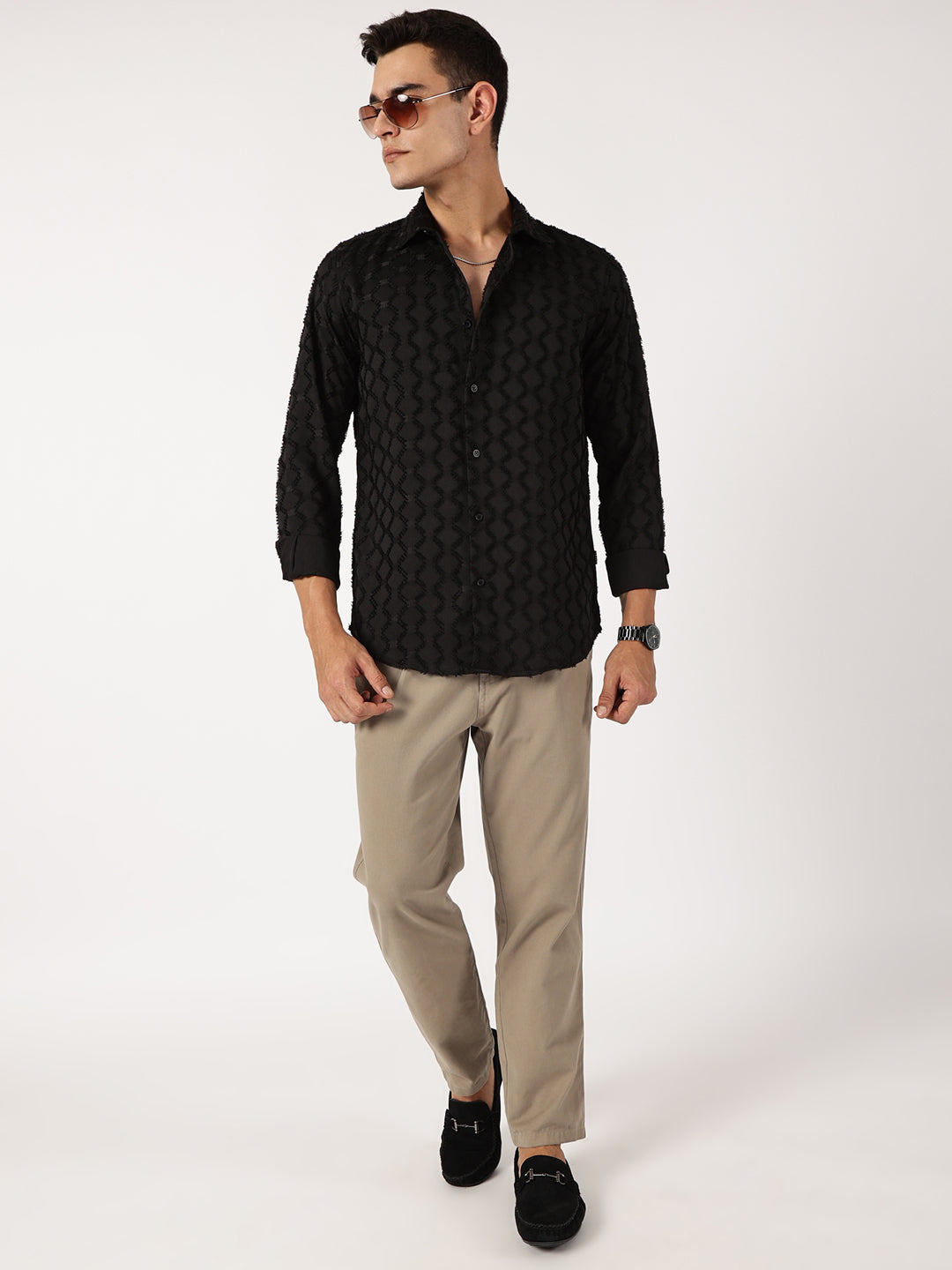 Thomas Scott Men Black Premium Textured Casual Shirt