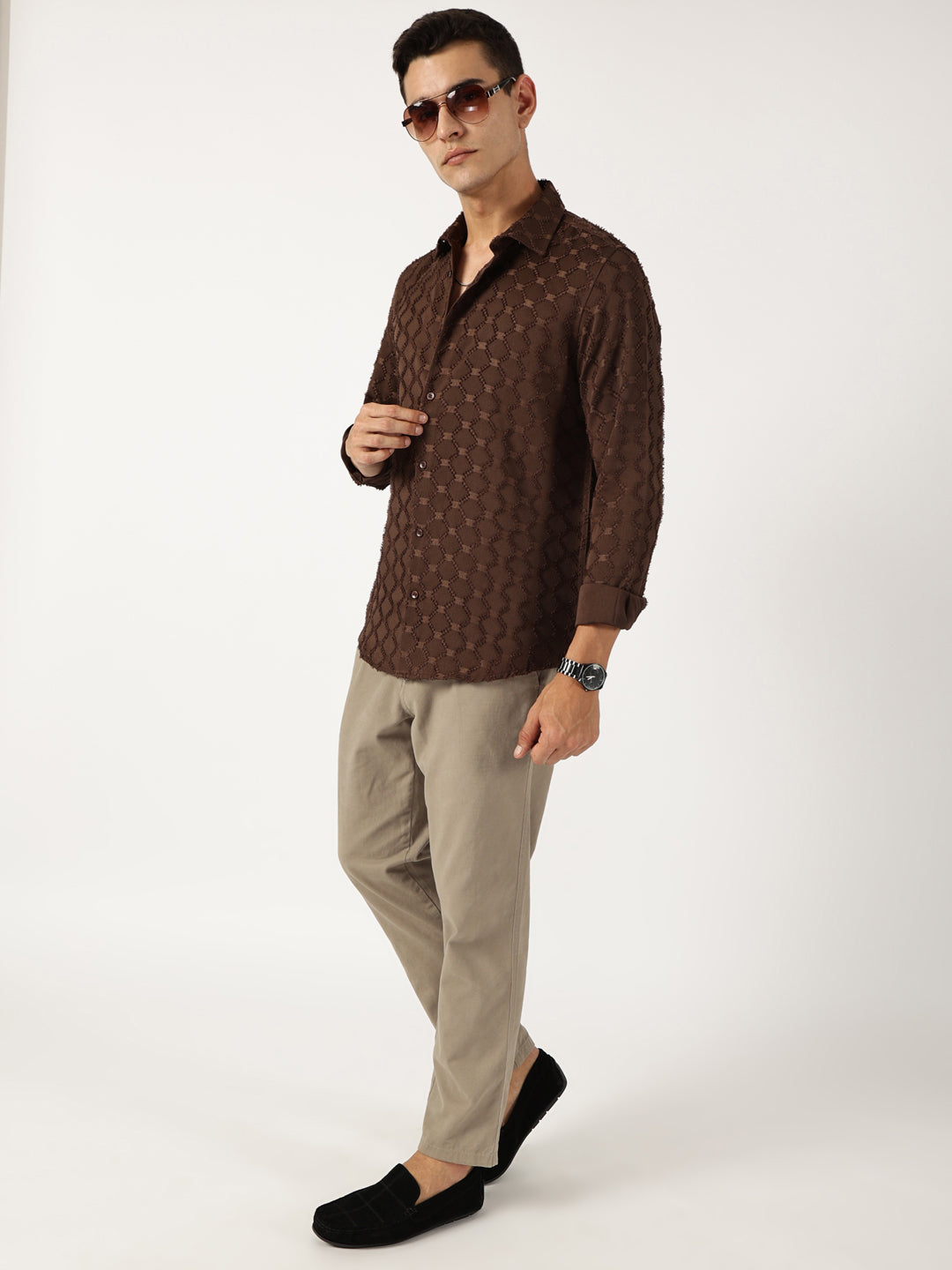 Thomas Scott Men Brown Premium Textured Casual Shirt