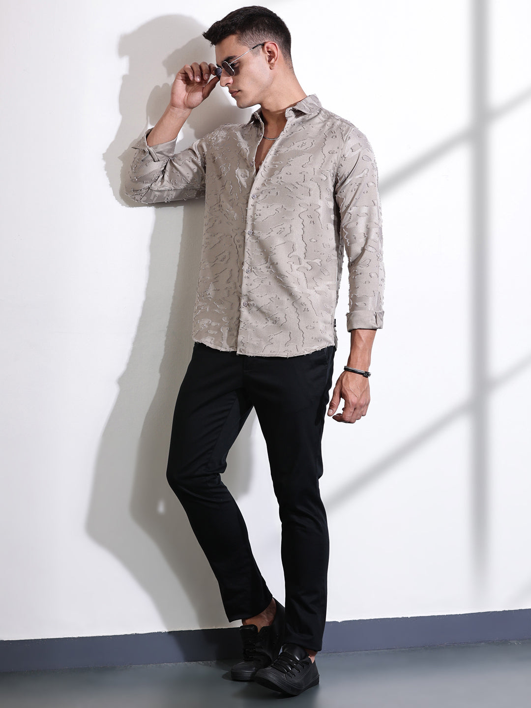 Thomas Scott Men Beige Premium Slim Fit Textured Casual Shirt