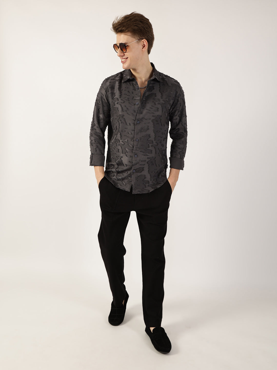 Thomas Scott Men Grey Premium Slim Fit Textured Casual Shirt