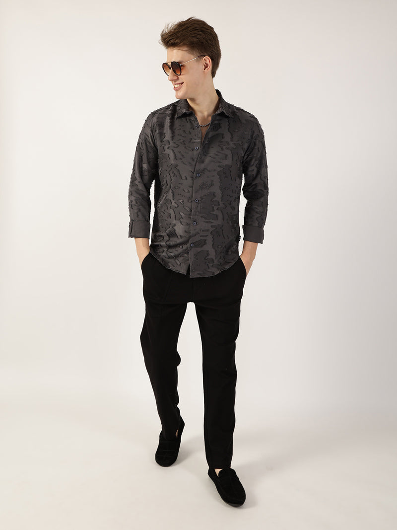 Thomas Scott Men Grey Premium Slim Fit Textured Casual Shirt