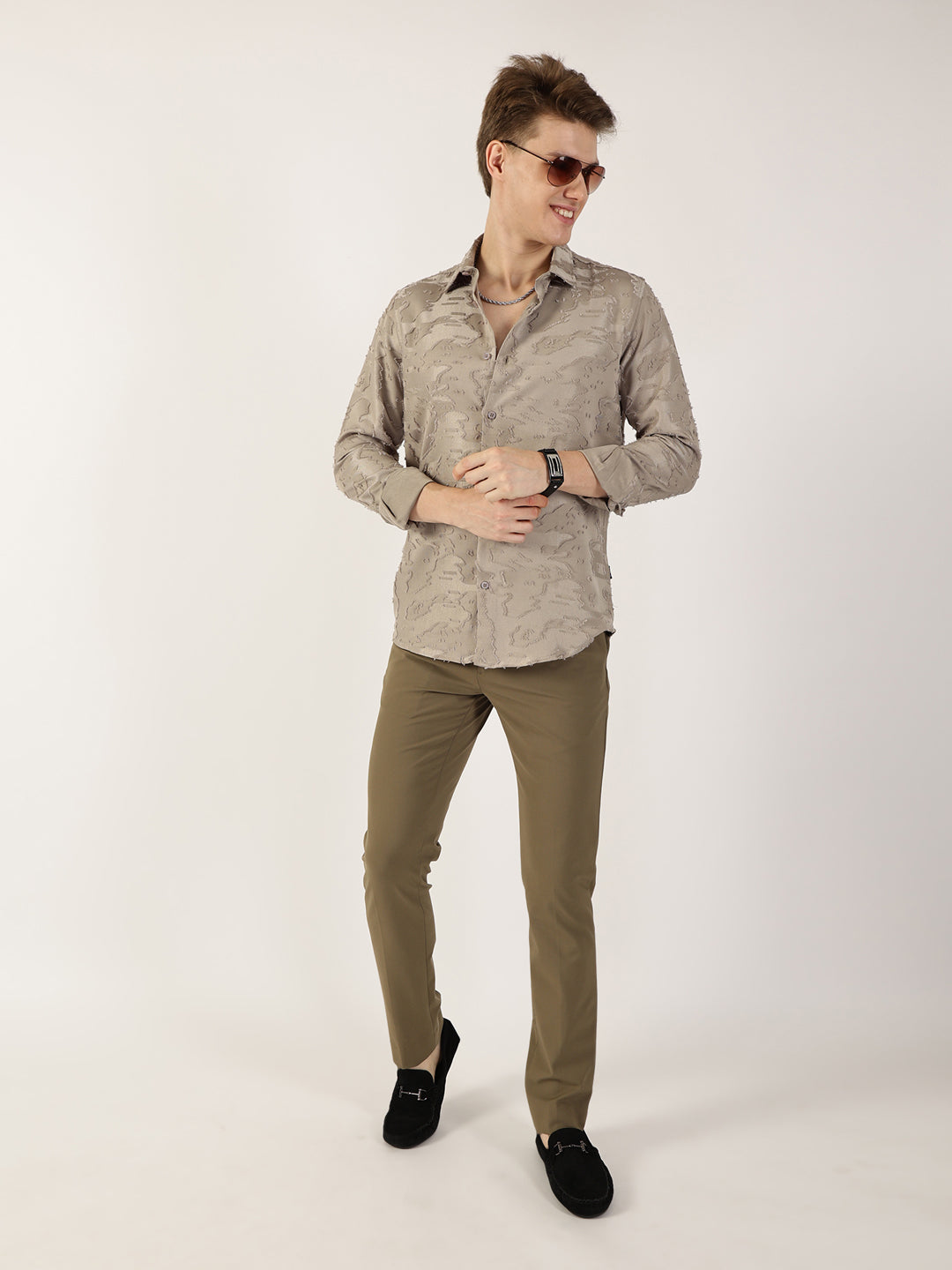 Thomas Scott Men Olive Premium Slim Fit Textured Casual Shirt