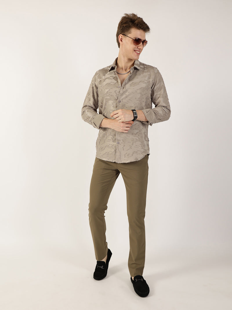 Thomas Scott Men Olive Premium Slim Fit Textured Casual Shirt