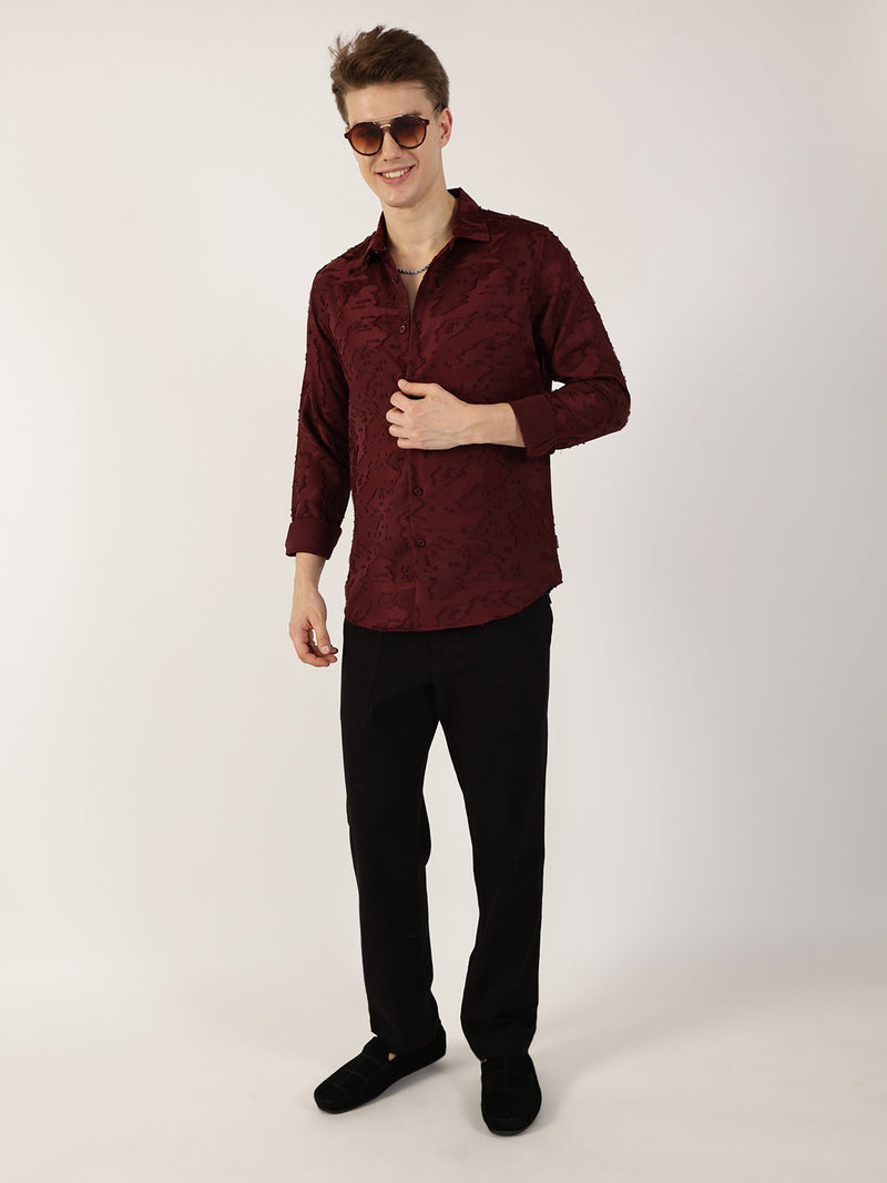 Thomas Scott Men Wine Premium Slim Fit Textured Casual Shirt