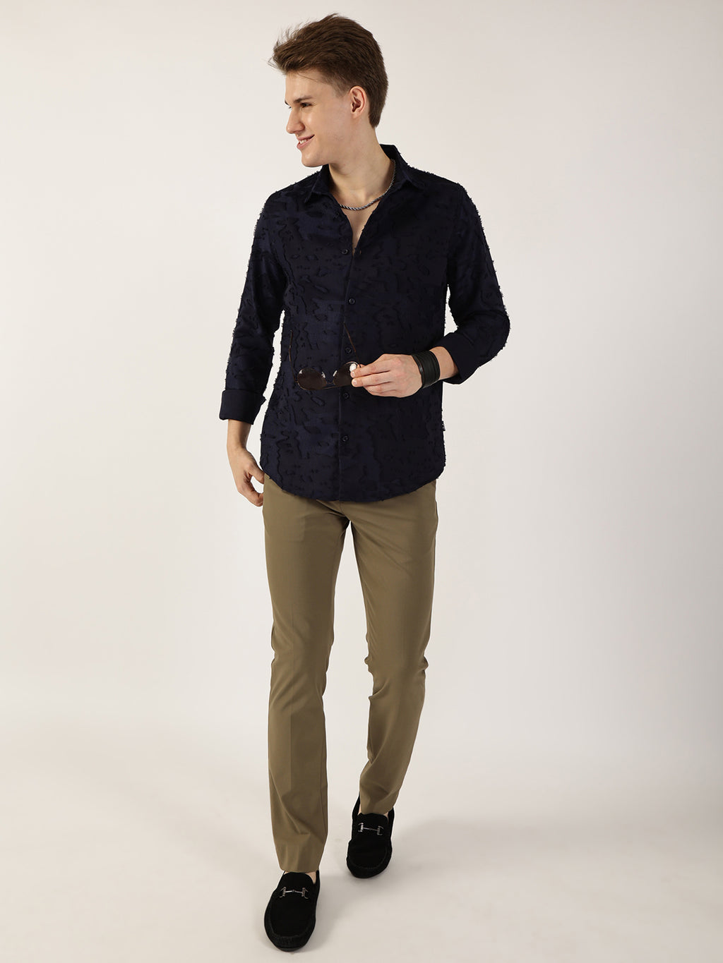 Thomas Scott Men Navy Premium Slim Fit Textured Casual Shirt