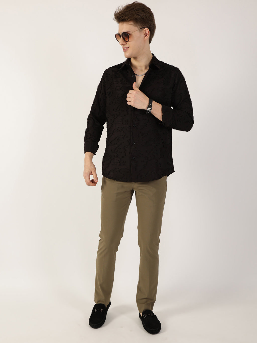 Thomas Scott Men Black Premium Slim Fit Textured Casual Shirt