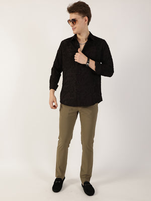 Thomas Scott Men Black Premium Slim Fit Textured Casual Shirt
