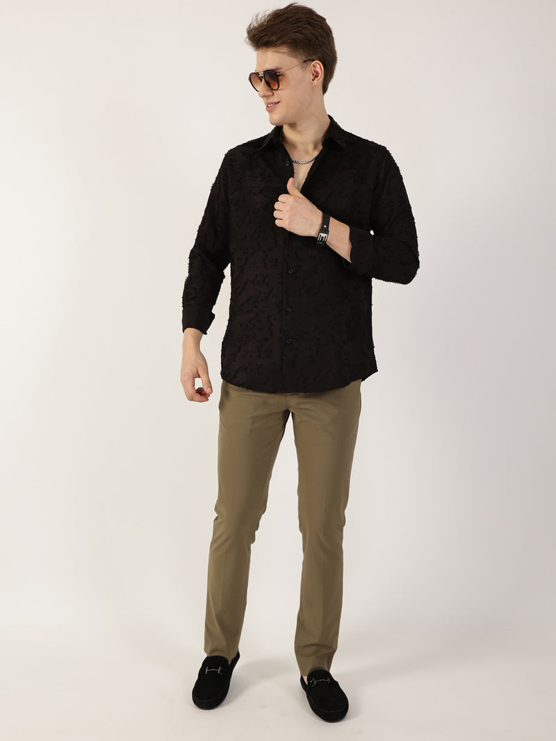 Thomas Scott Men Black Premium Slim Fit Textured Casual Shirt