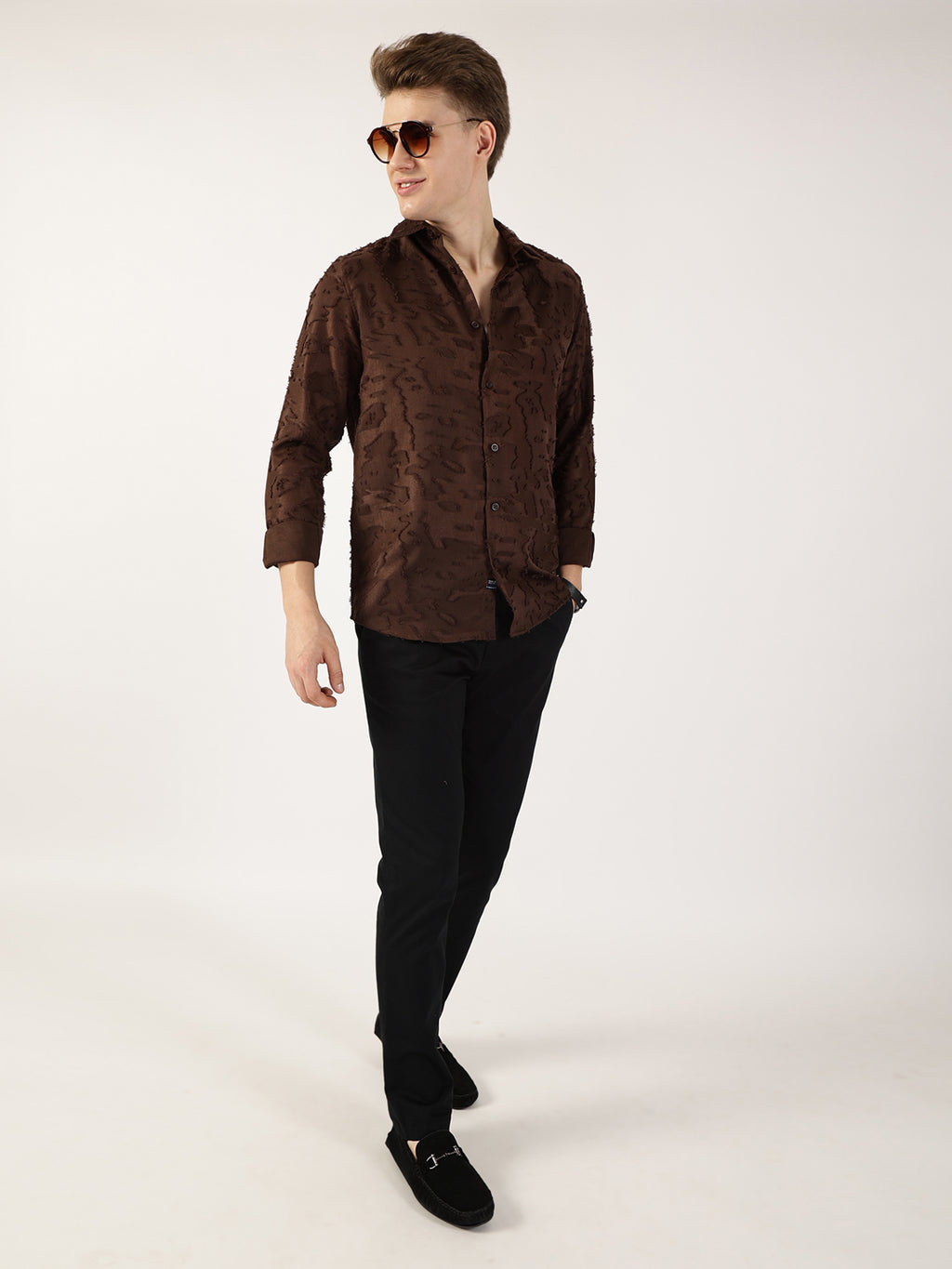 Thomas Scott Men Brown Premium Slim Fit Textured Casual Shirt