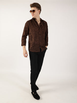 Thomas Scott Men Brown Premium Slim Fit Textured Casual Shirt