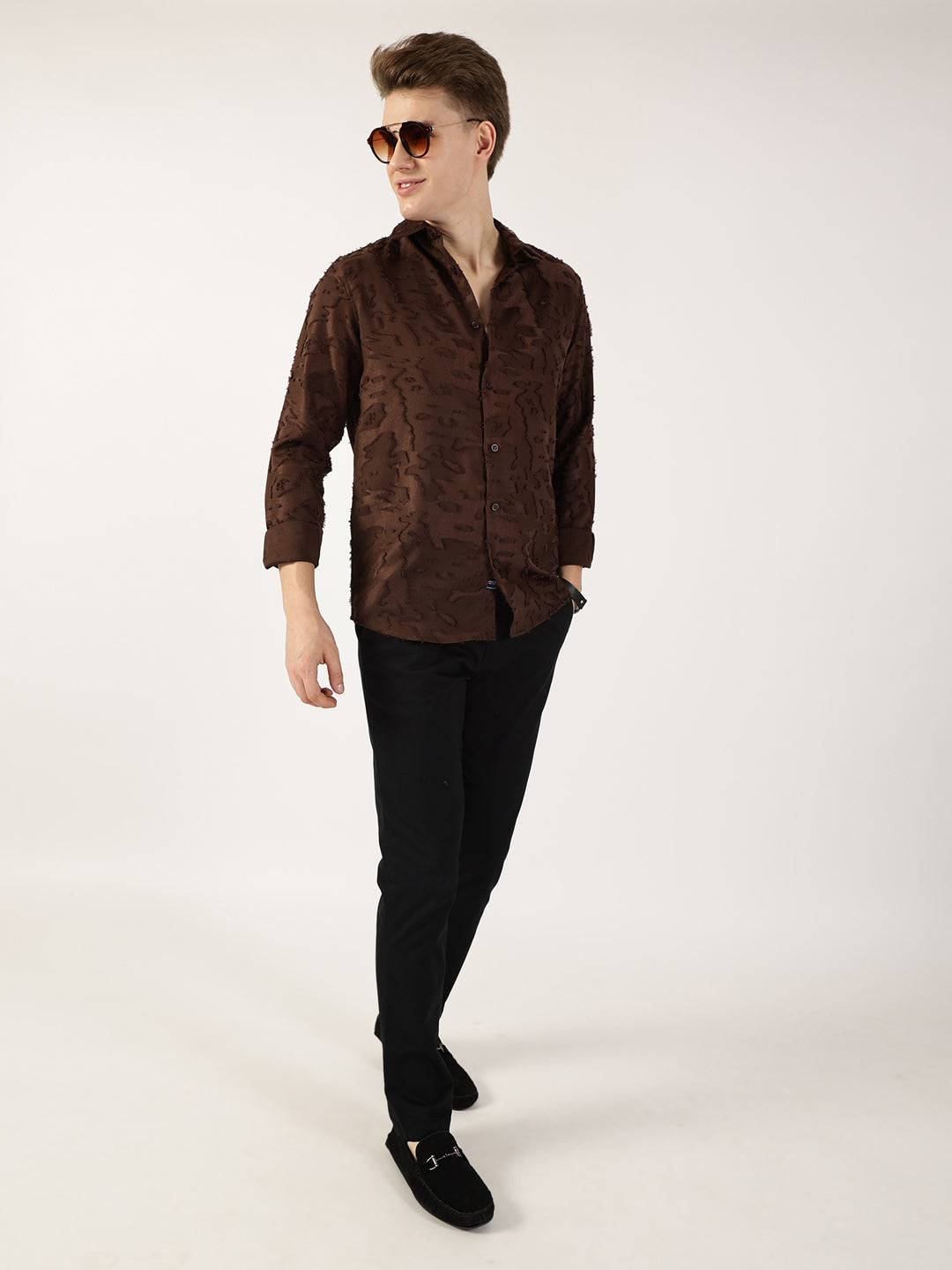 Thomas Scott Men Brown Premium Slim Fit Textured Casual Shirt