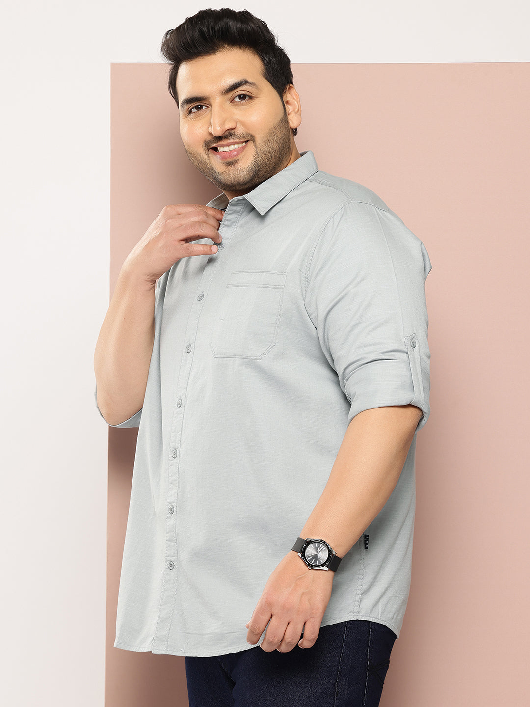 Thomas Scott Men Grey Plus Size Premium Pure Cotton Casual Shirt