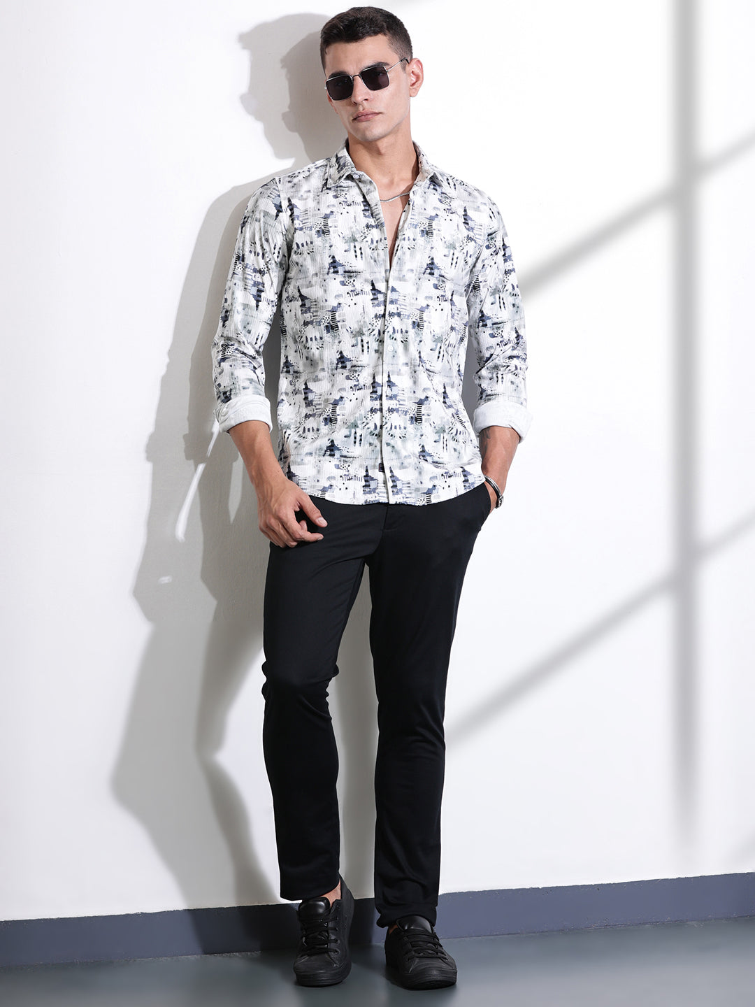 Thomas Scott Men Grey Premium Abstract Printed Casual Shirt