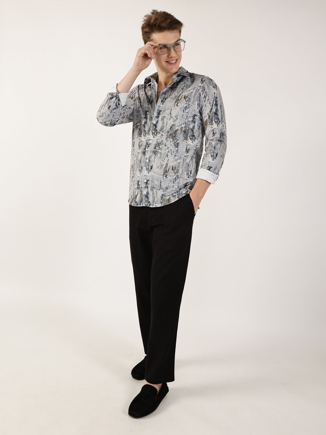 Thomas Scott Men Grey Premium Abstract Printed Casual Shirt