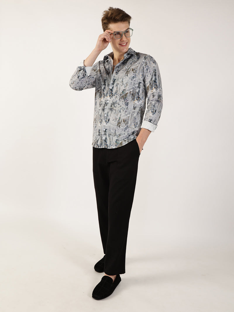 Thomas Scott Men Grey Premium Abstract Printed Casual Shirt