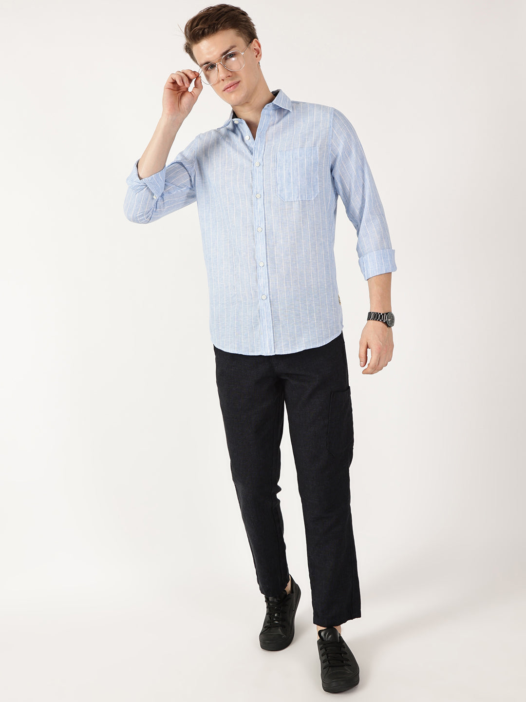 Thomas Scott Men Blue Regular Fit Linen Casual Shirt