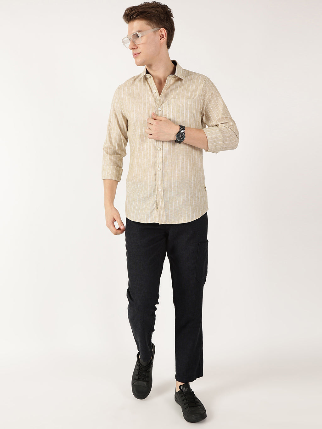 Thomas Scott Men Khaki Regular Fit Linen Casual Shirt