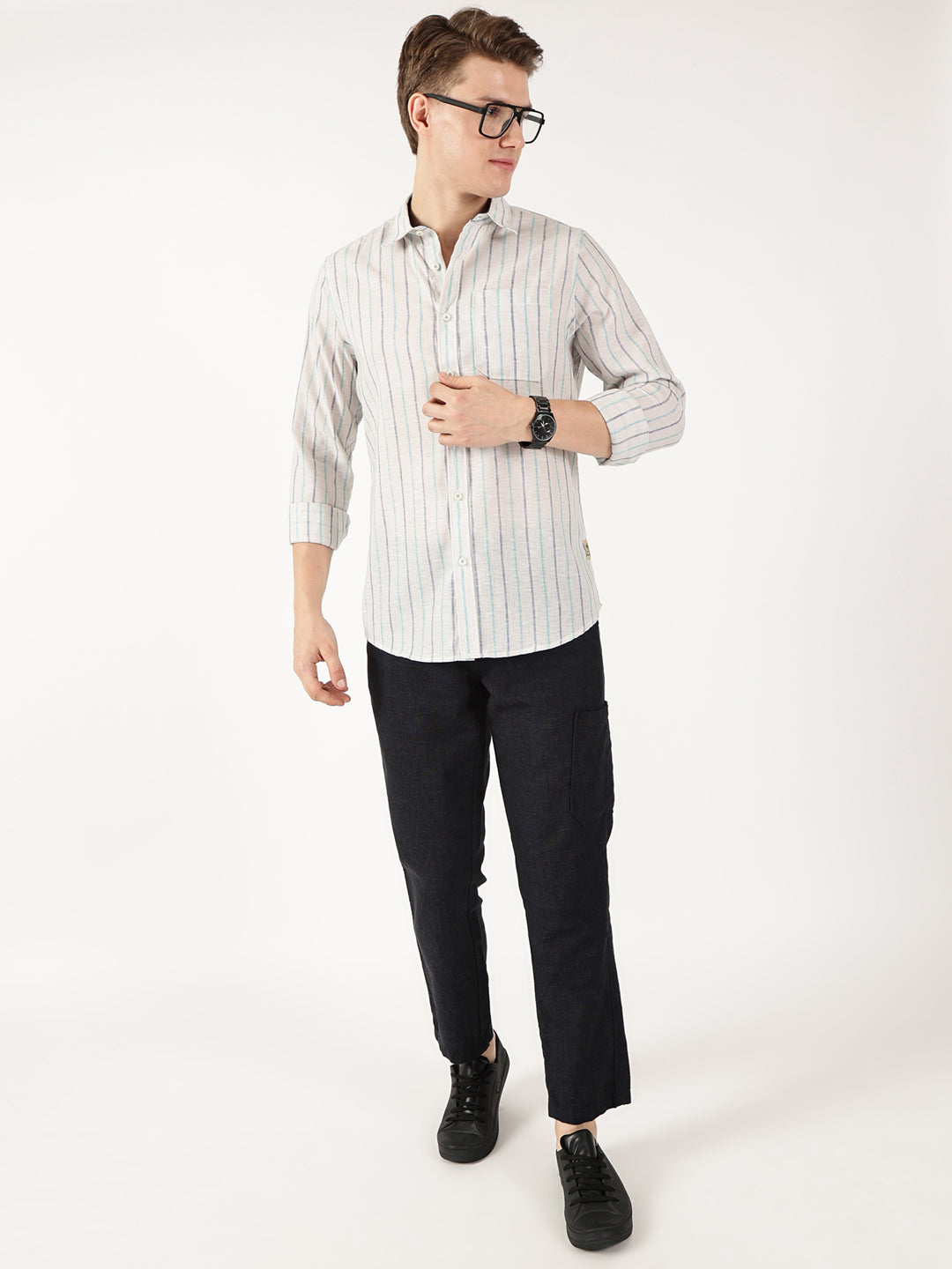 Thomas Scott Men Navy Regular Fit Linen Casual Shirt
