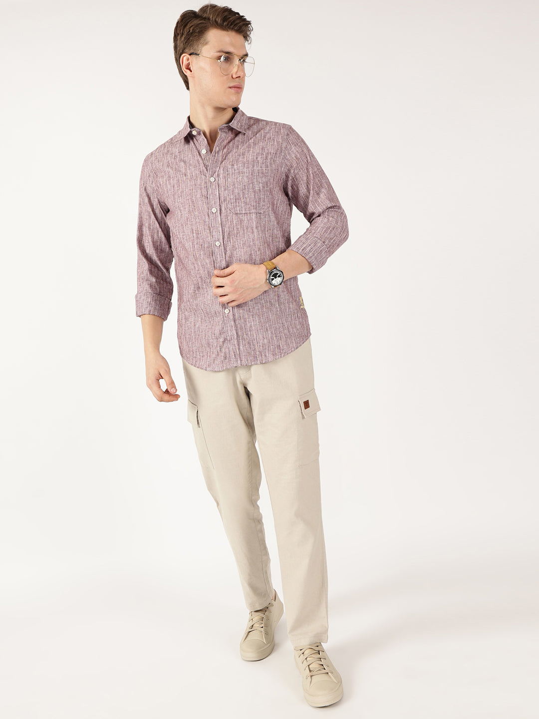 Thomas Scott Men Mauve Regular Fit Linen Casual Shirt
