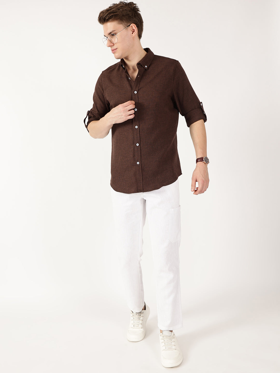 Thomas Scott Men Brown Slim Fit Long Sleeves Button-Down Collar Polyester Casual Shirt