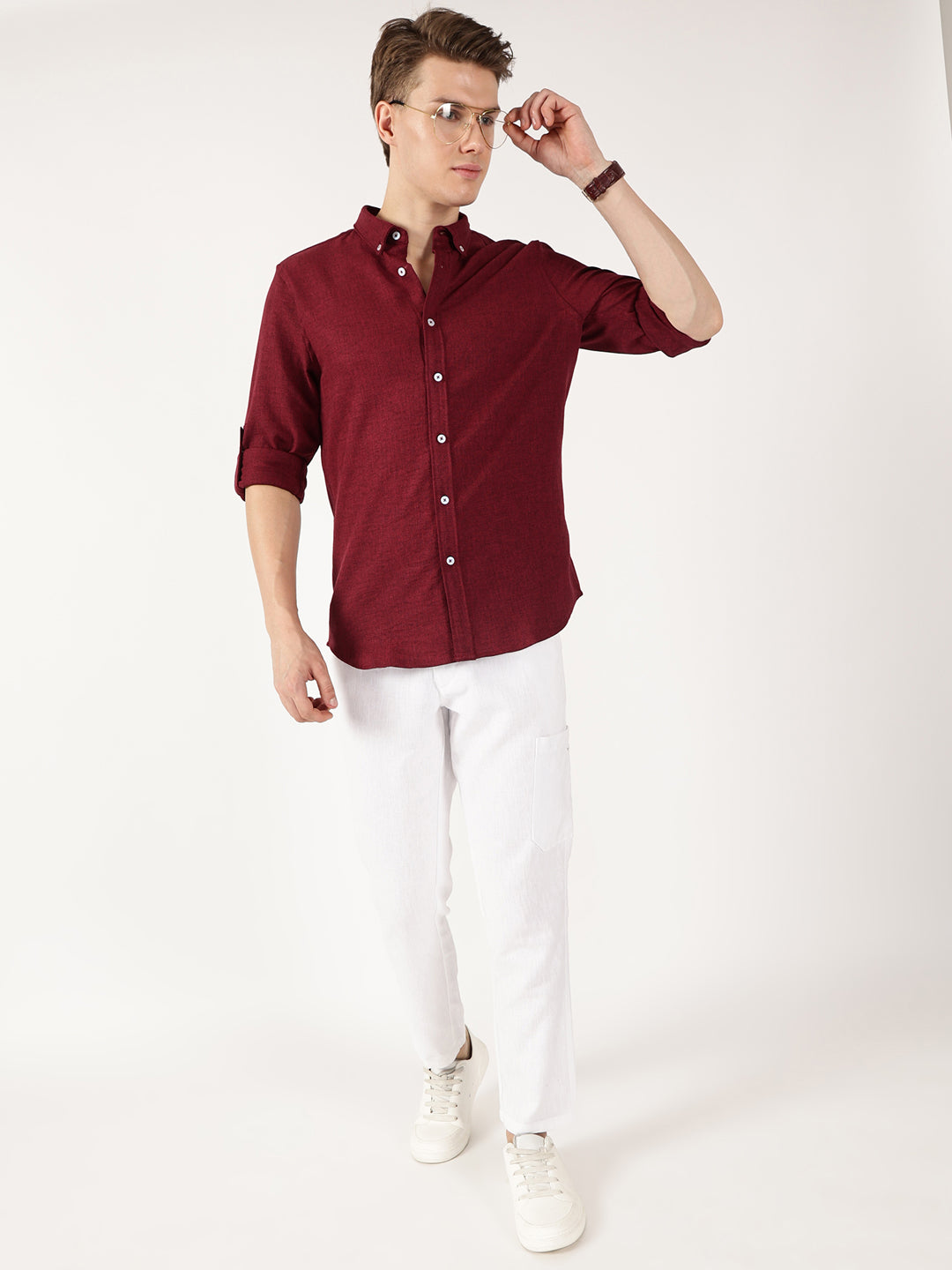 Thomas Scott Men Maroon Slim Fit Long Sleeves Button-Down Collar Polyester Casual Shirt