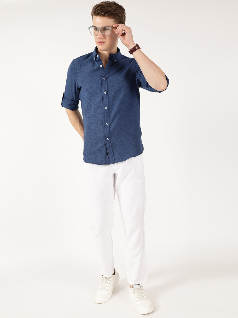 Thomas Scott Men Midnight Blue Slim Fit Long Sleeves Button-Down Collar Polyester Casual Shirt