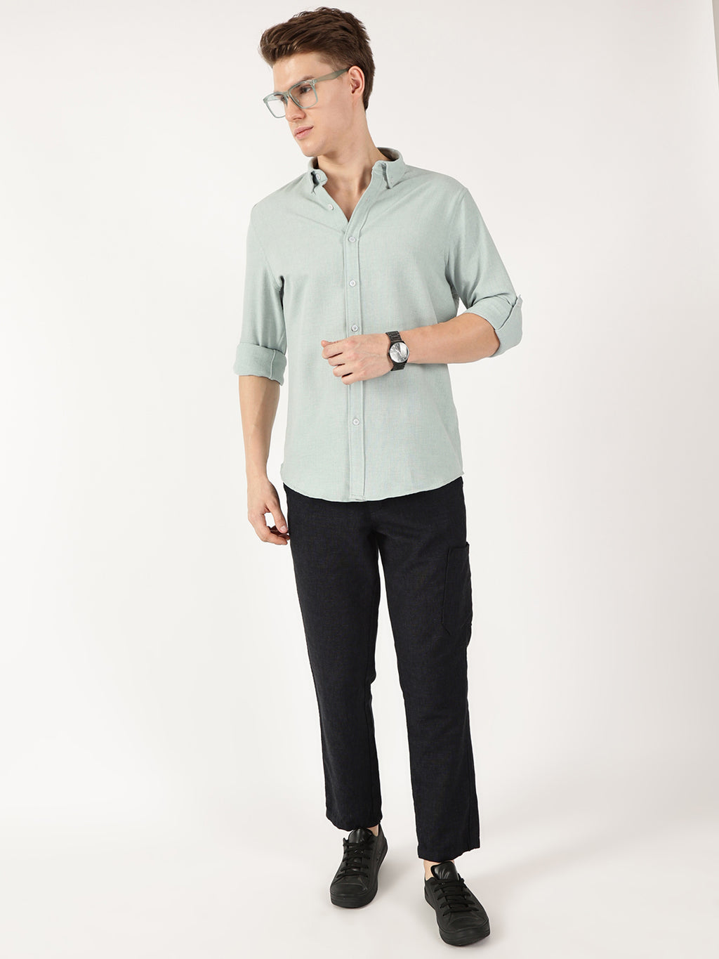Thomas Scott Men Olive Slim Fit Long Sleeves Button-Down Collar Polyester Casual Shirt