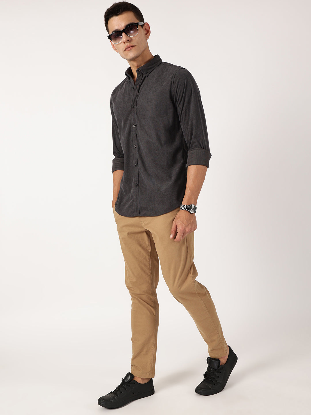 Thomas Scott Men Dark Grey Premium Slim Fit Corduroy Casual Shirt