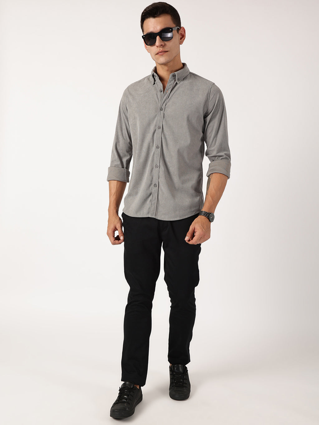 Thomas Scott Men Grey Premium Slim Fit Corduroy Casual Shirt