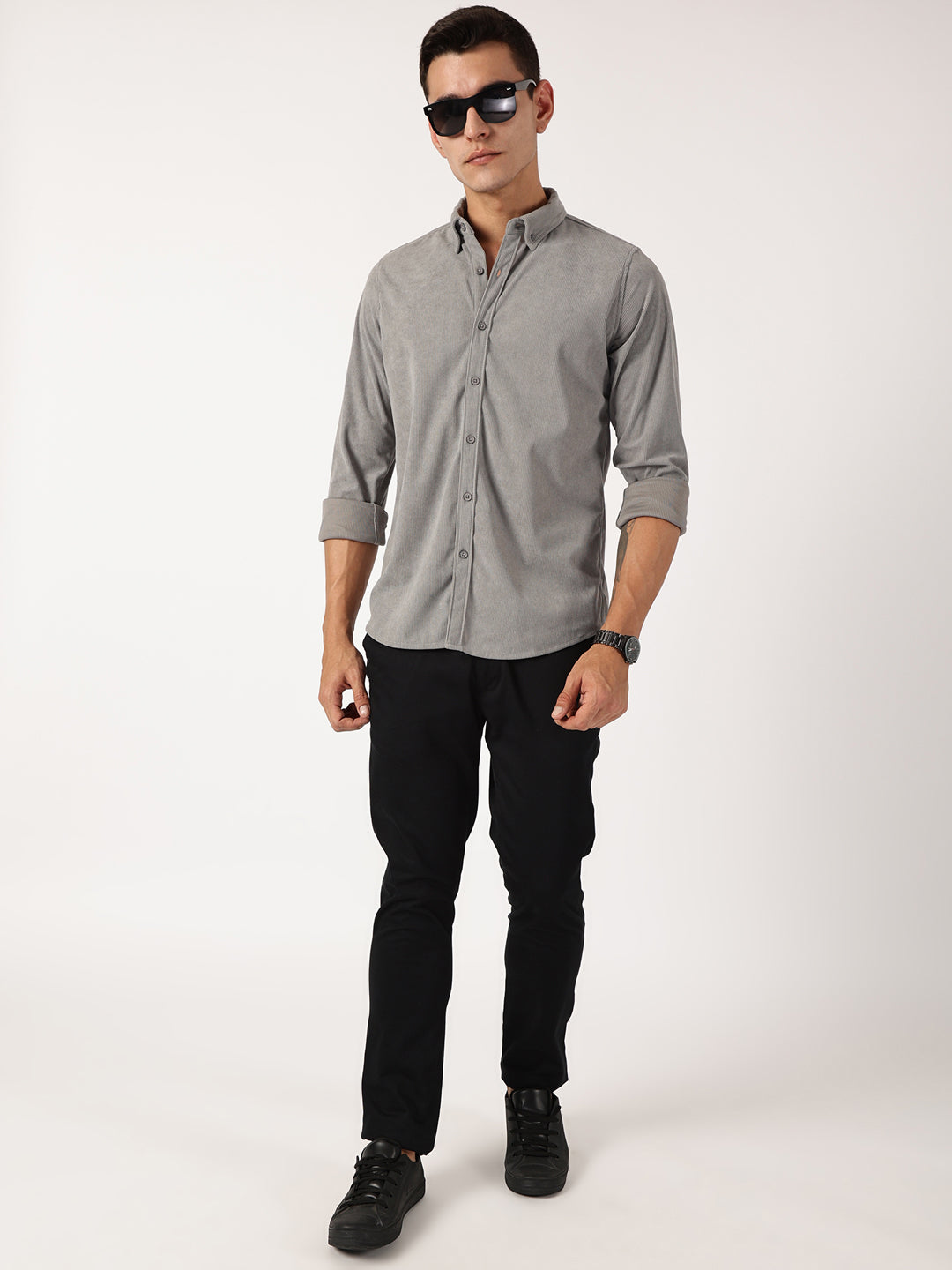Thomas Scott Men Grey Premium Slim Fit Corduroy Casual Shirt