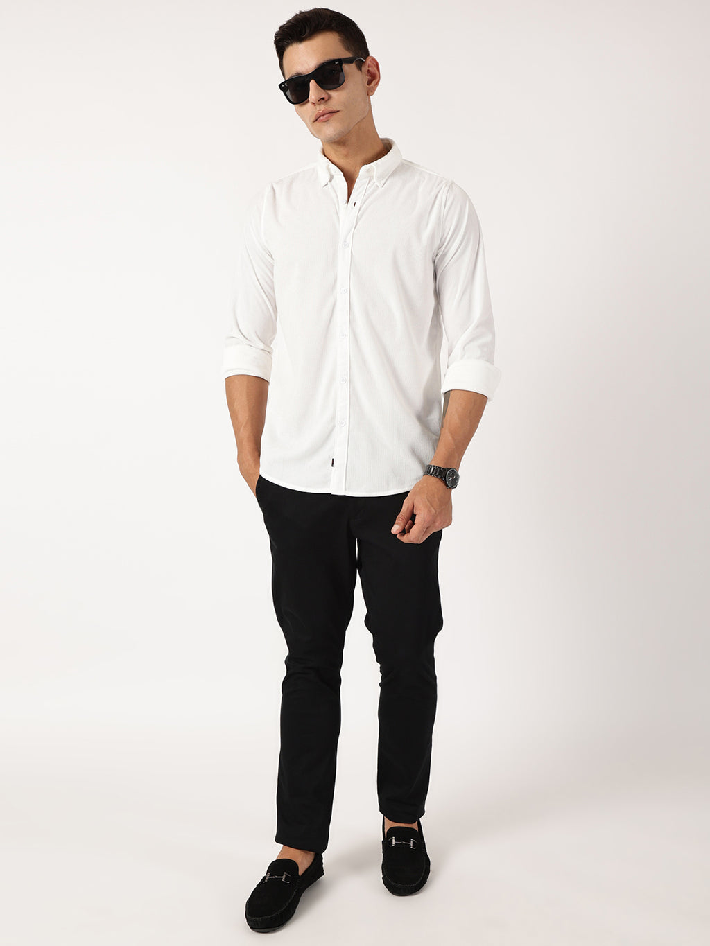 Thomas Scott Men White Premium Slim Fit Corduroy Casual Shirt