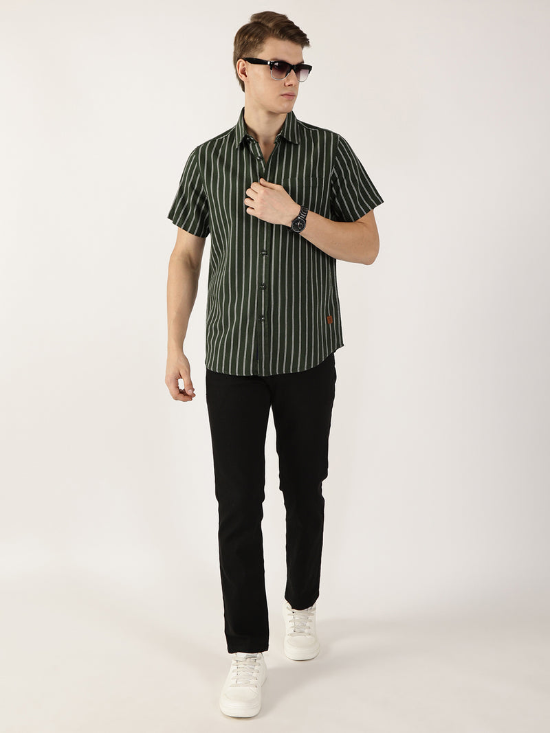 Thomas Scott Men Bottle Green Classic Slim Fit Striped Cotton Casual Shirt